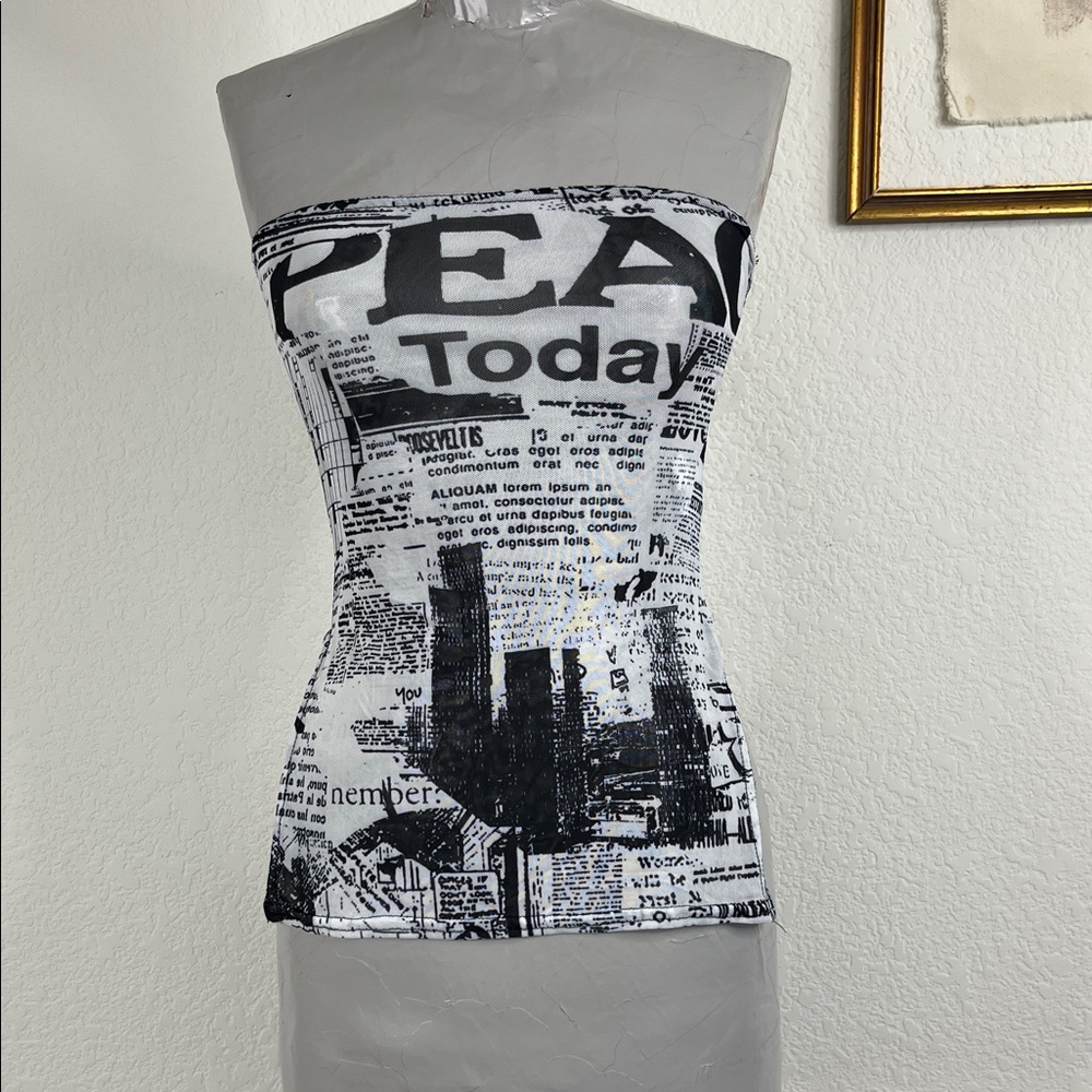 PLT Graphic Tube Top Black & White Newspaper Print Sheer Mesh Slit